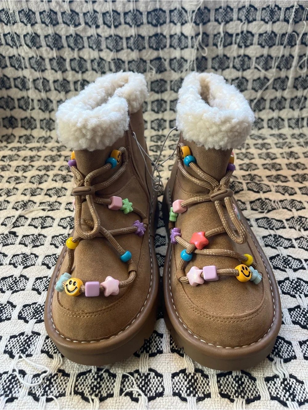 art class Brown Faux-Shearling Lace-Up Kids Boots with Colorful Beads